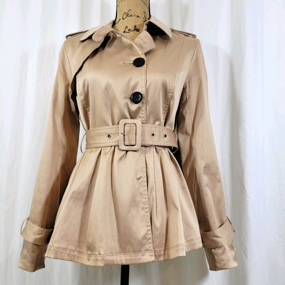 Twenty One Satin Khaki Short Peplum Trench Coat M - Picture 6 of 16